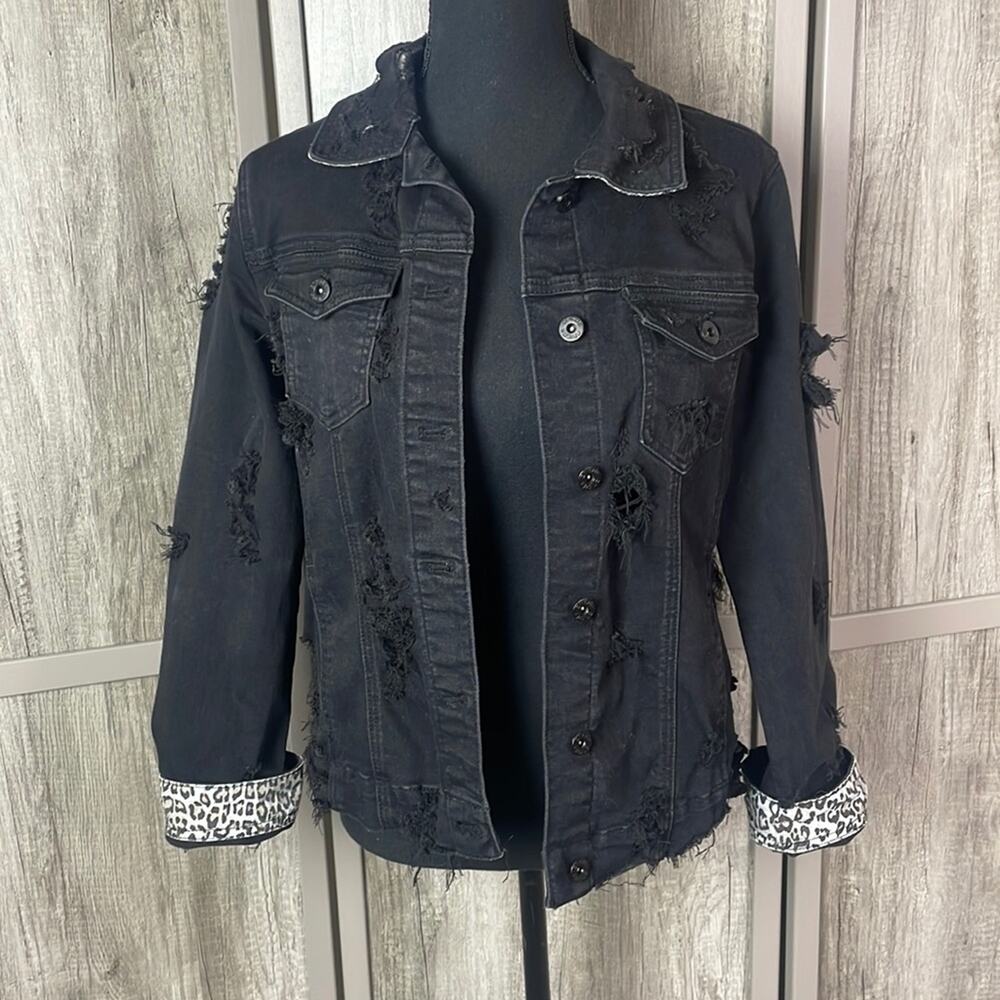 Chico’s contrast cuff distressed black denim jacket women’s 1